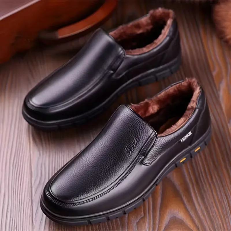 Mocassins d’hiver en cuir noir pour homme avec doublure chaude et semelle antidérapante