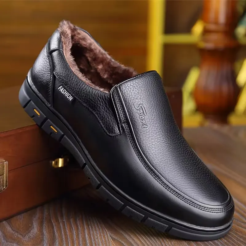 Mocassins d’hiver en cuir noir pour homme avec doublure chaude et semelle antidérapante