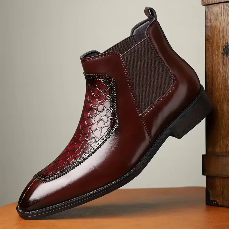 Bottines Chelsea en cuir bordeaux pour homme avec empiècement effet python