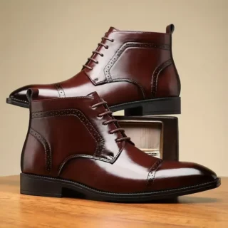 Bottes montantes cap toe brogue en cuir marron pour homme – vue de profil