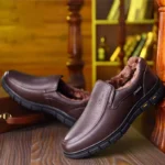 Mocassins d’hiver pour homme en cuir marron avec doublure chaude et semelle souple